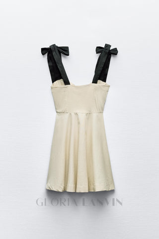 linen blend mini dress with contrast bows