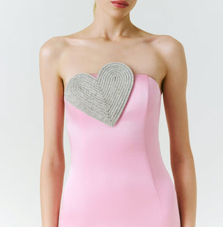 PINK HEART-EMBELLISHED STRAPLESS COLUMN MIDI DRESS