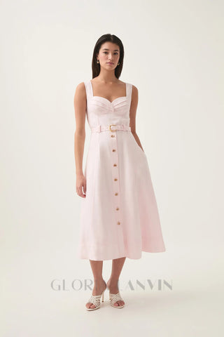 sweetheart neckline belted midi dress in pink