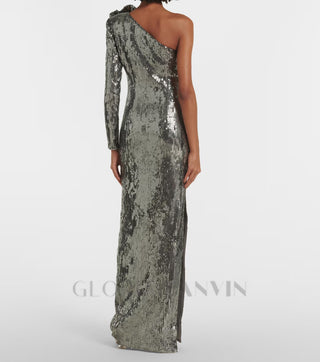 Floral-appliqué sequin gown in silver