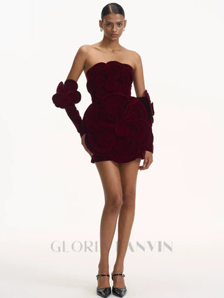 Flower-embellished Velvet Mini Dress in burgundy