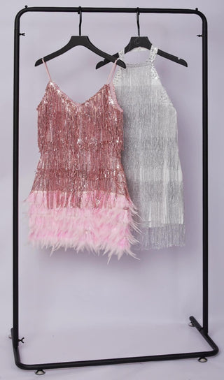 PINK TASSEL FEATHER MINI DRESS