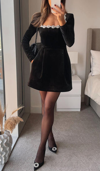 JEWEL-EMBELLISHED TRIM MINI DRESS IN BLACK