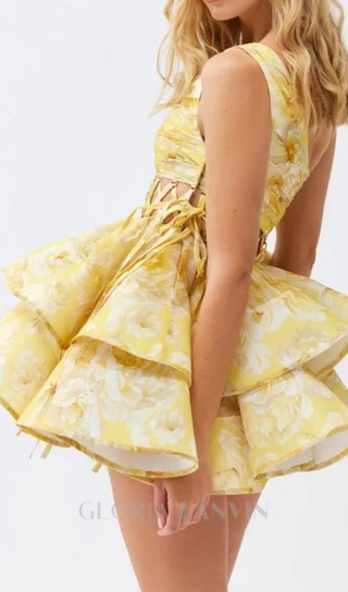 GAIL YELLOW FLORAL PRINTED ONE-SHOULDER MINI CHIFFON DRESS