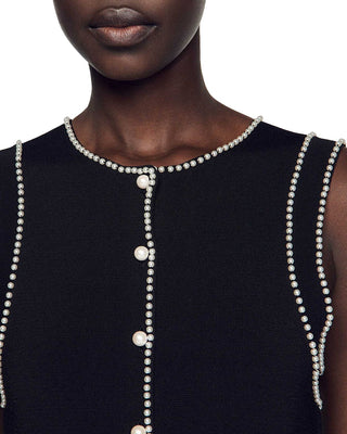 SALOME BEADED TRIM SLEEVELESS KNIT BLACK MIDI DRESS