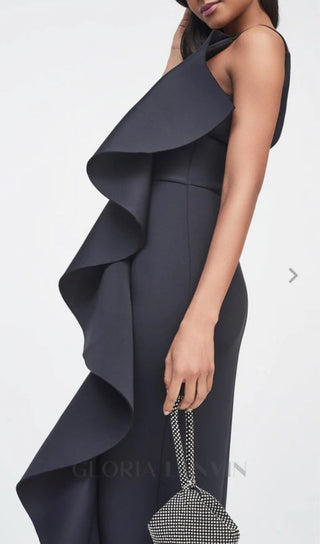 ASYMMETRIC DRAPED FRILL SCUBA DRESS