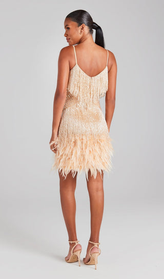 CHAMPAGNE TASSEL FEATHER MINI DRESS