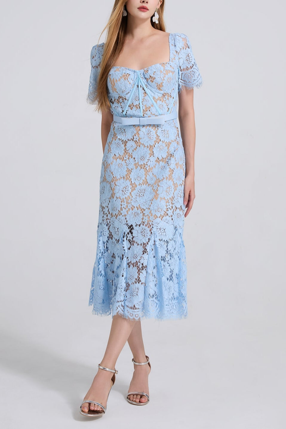 SQUARE NECK LACE MIDI DRESS IN BLUE