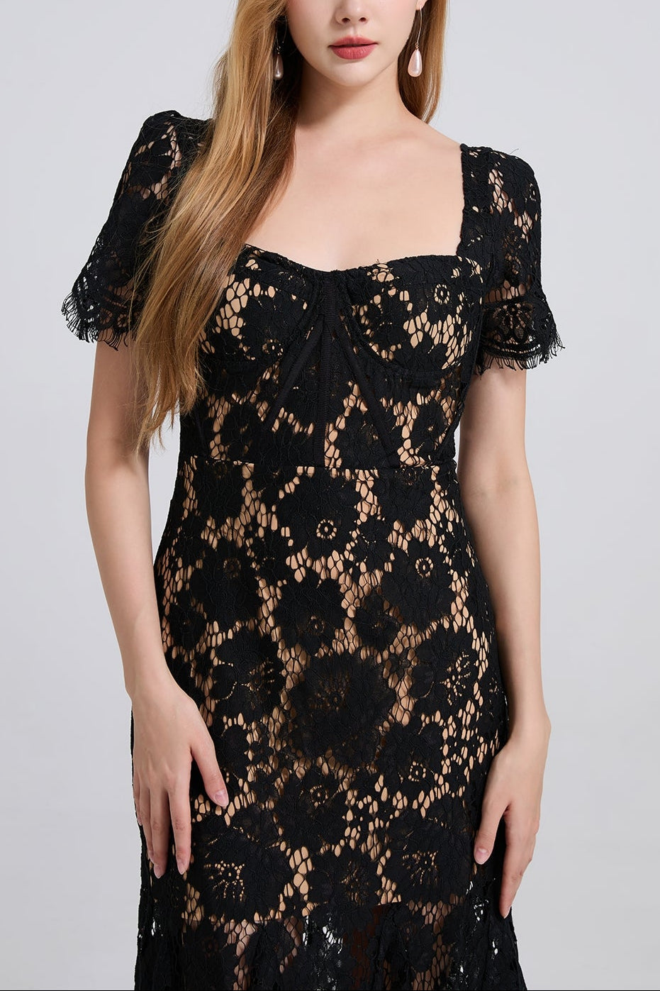 SQUARE NECK LACE MIDI DRESS IN BLACK