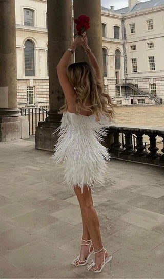 WHITE TASSEL FEATHER MINI DRESS