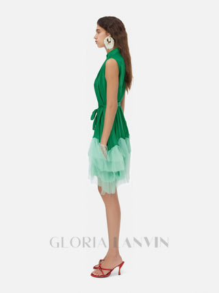 half-high-neckline tulle mini dress in green