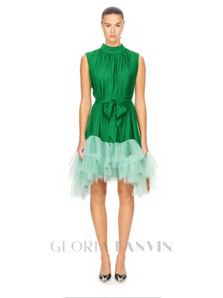 half-high-neckline tulle mini dress in green