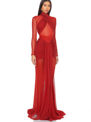 Slinky Mesh Long Sleeve Maxi Dress in Ruby