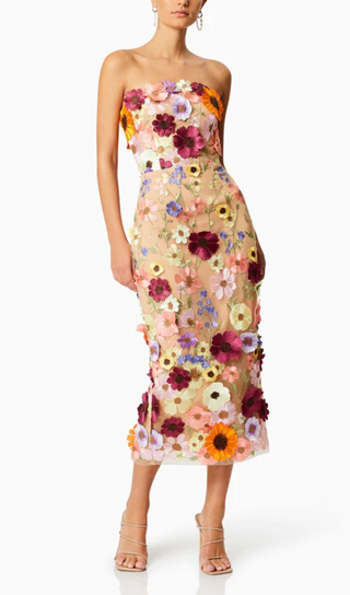 FLORAL PRINT STRAPLESS MIDI DRESS