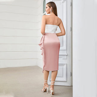 two-tone ruffle trim corset midi dress