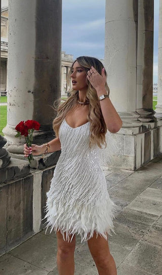 WHITE TASSEL FEATHER MINI DRESS