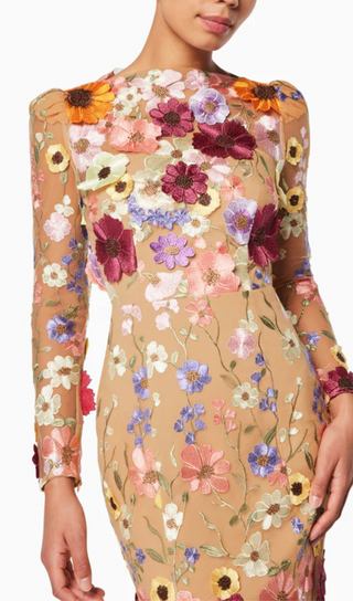 KATE LONG SLEEVE 3D FLORAL PRINT MIDI DRESS