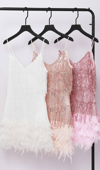 CHAMPAGNE TASSEL FEATHER MINI DRESS