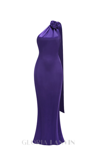 satin wrap halter gown with flower in purple