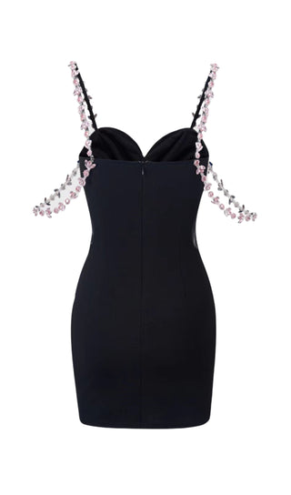 DIAMOND FLOWER SLEEVELESS SUSPENDER MINI DRESS IN BLACK