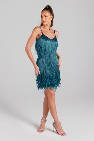 EMERALD TASSEL FEATHER MINI DRESS