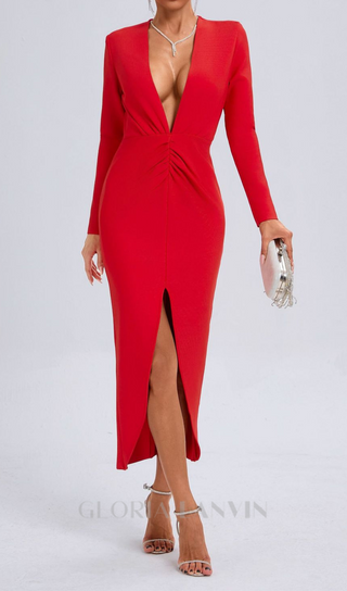 SHERRY RED V-NECK SLIT BODYCON MIDI DRESS