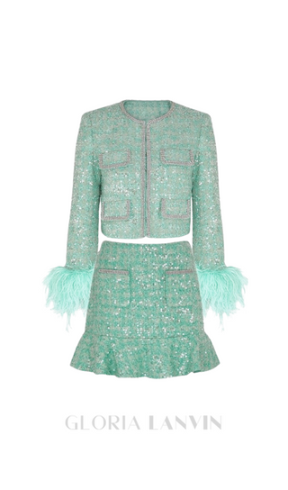 STEPHANIE BOUCLE FEATHER JACKET SUIT IN GREEN