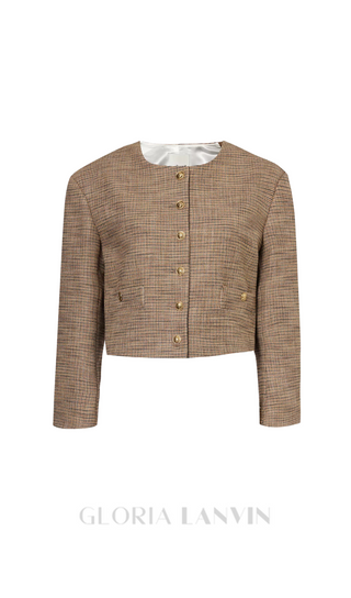 Round-neck houndstooth-pattern woven jacket in Bruns