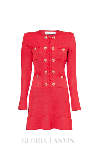 BETTY PATCH-POCKET ROUND-NECK KNITTED MINI DRESS IN RED