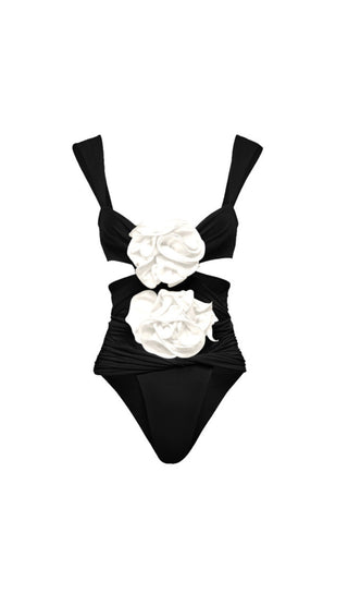 BLACK 3D FLOWER ONE PIECE SWIMSUIT AND SKIRT