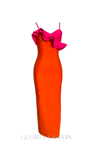 SIMONA ORANGE RUFFLE STRAP BANDAGE MAXI DRESS