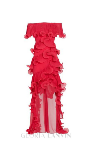 DORA ROSE RED OFF-SHOULDER PLEATED ORGANZA MAXI DRESS