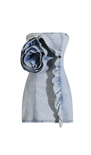 ALISON BLUE RUFFLED TRIM STRAPLESS DENIM MINI DRESS