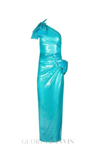 One Shoulder Bow Sequin Maxi Dress in blue