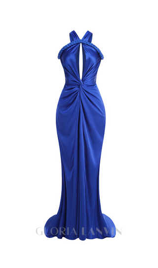 BEVERLY BRAID EMBELLISHED RUCHED HALTER GOWN IN BLUE