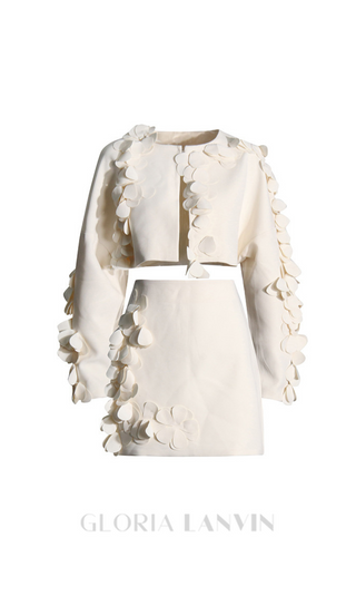 ESTHER WHITE 3D FLORAL LONG SLEEVE TOP MINI SKIRT SET