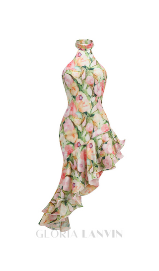 SABINA PINK GREEN ASYMMETRIC FLORAL HALTER MIDI DRESS