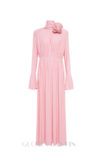 ERIN LANTERN SLEEVE HIGH COLLAR FLOWER SLIT MIDI DRESS IN PINK