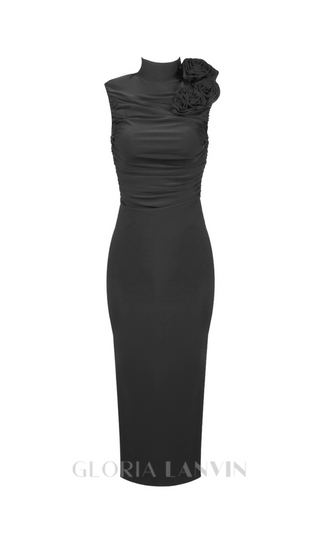 ADORA FLOWER EMBELLISHED RUCHED MIDI DRESS IN BLACK