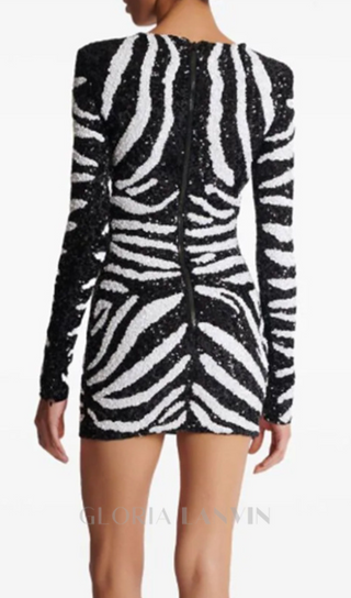 Short two-tone zebra sequin mini dress