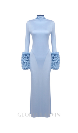 MICHELLE RUFFLED TURTLENECK MAXI DRESS IN PALE BLUE