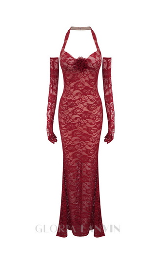 EARTHA HALTER FLORAL LACE MAXI DRESS IN BURGUNDY