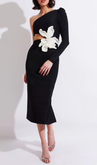 BLACK ONE SHOULDER MAXI DRESS WITH FLOWER APPLIQUE