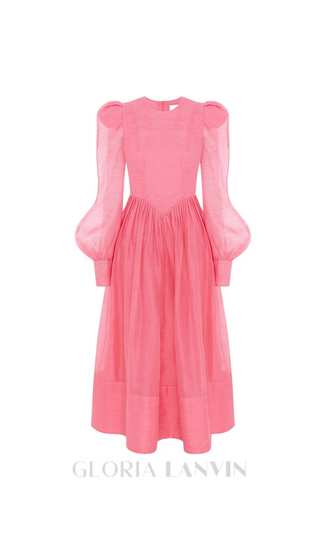 DELIA PINK LANTERN SLEEVE ROUND NECK MIDI DRESS