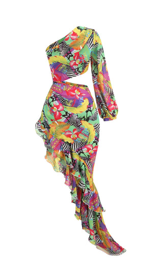 ONE SHOULDER RUFFLR TRIM PRINTED MAXI DRESS