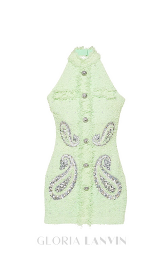 GEMMA PAISLEY-EMBELLISHED TWEED MINI DRESS IN GREEN