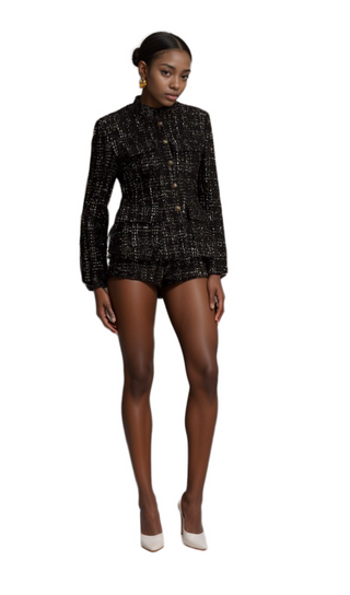 Claudine black metallic tweed jacket & shorts matching set