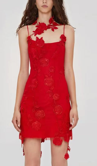 3D FLOWER SUSPENDER DRESS IN RED