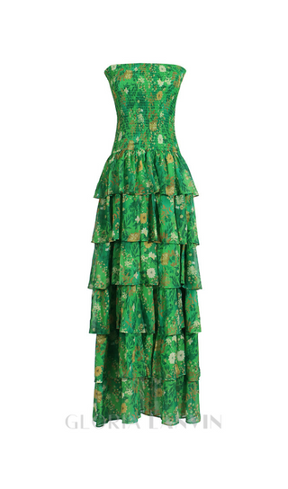 STRAPLESS LAYERED BANDEAU FLORAL PRINT MAXI DRESS IN GREEN