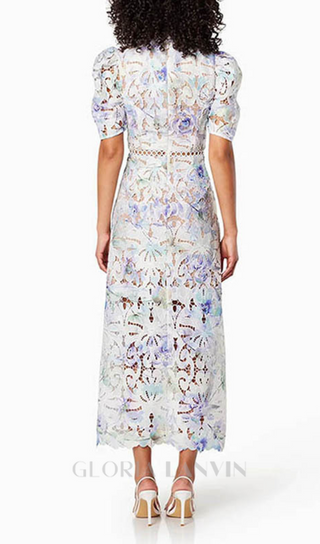 LACE PUFF SLEEVE STAND COLLAR MIDI DRESS IN WHITE